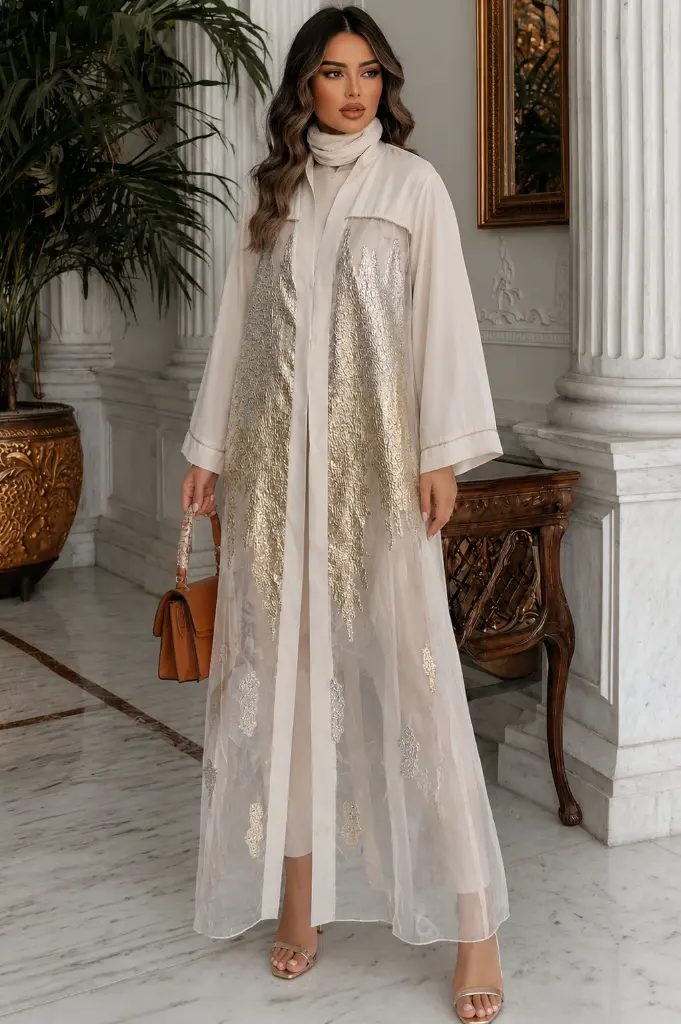 cocoloco cream and gold organza abaya.webp