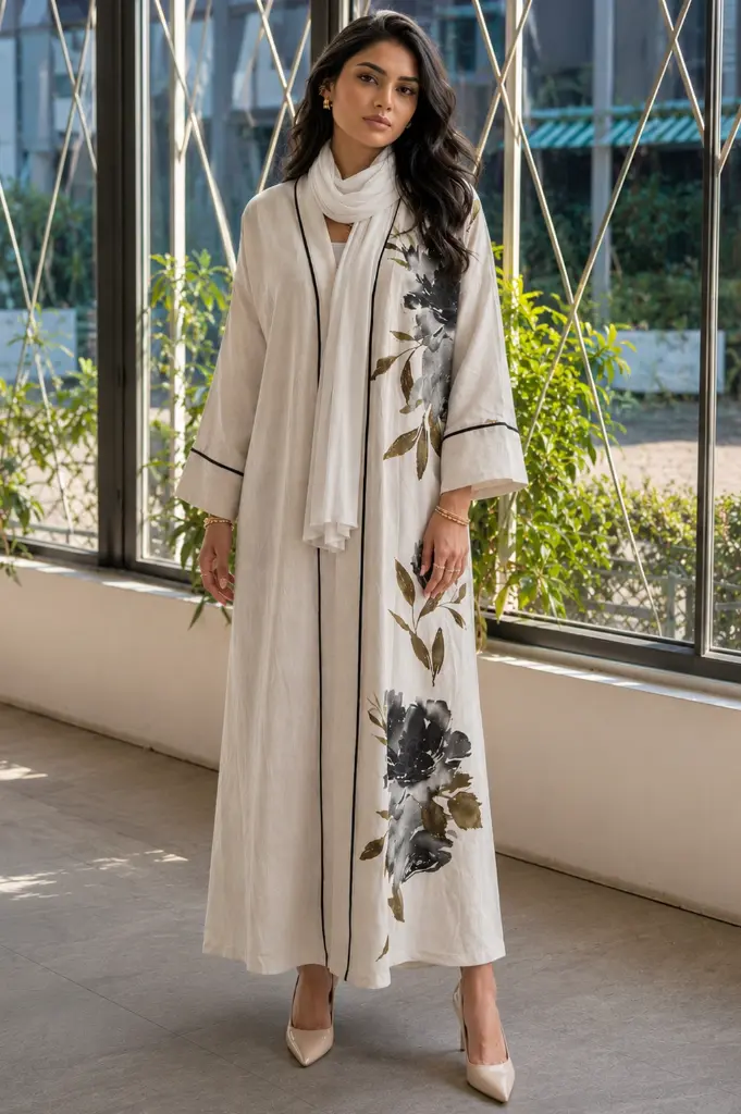 cocoloco turkish off white linen abaya with digital floral print -guzey.webp