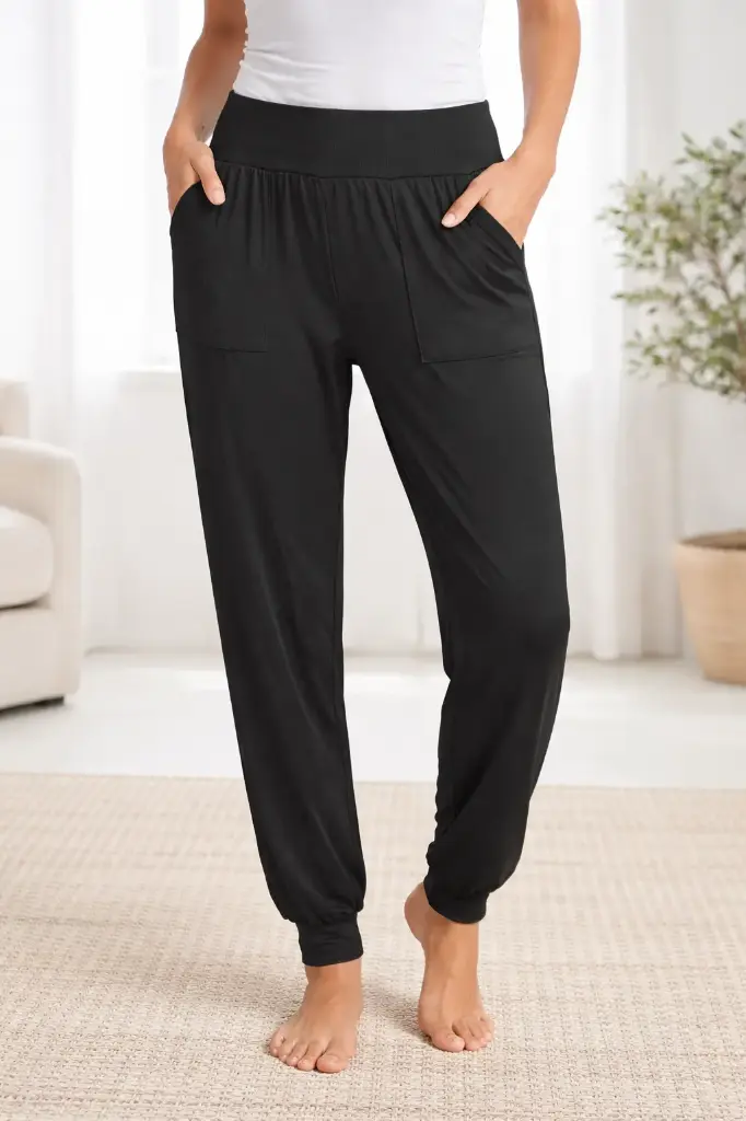 Ladies Activewear Slip On Stretch Pants - Black