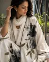 Cream & Black Floral Linen Abaya