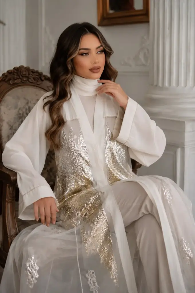 Ivory Gold Organza Abaya
