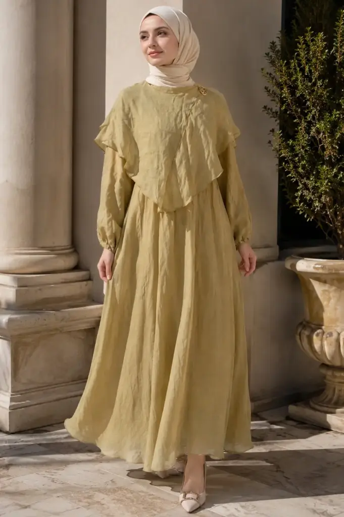 Olive Tencel Ruffle Dress with Gold Pin