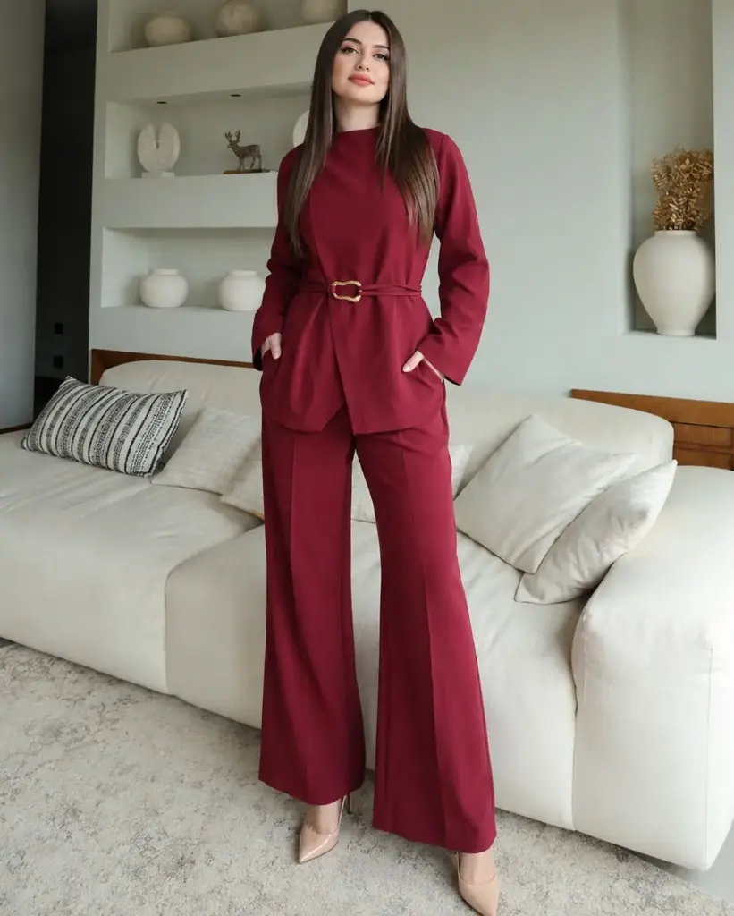 Burgandy Wrap Over Co-ord Suit with Belt