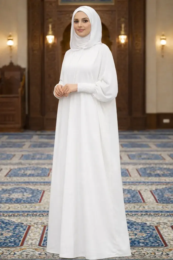 All in One Hooded Abaya with attached Scarf - White