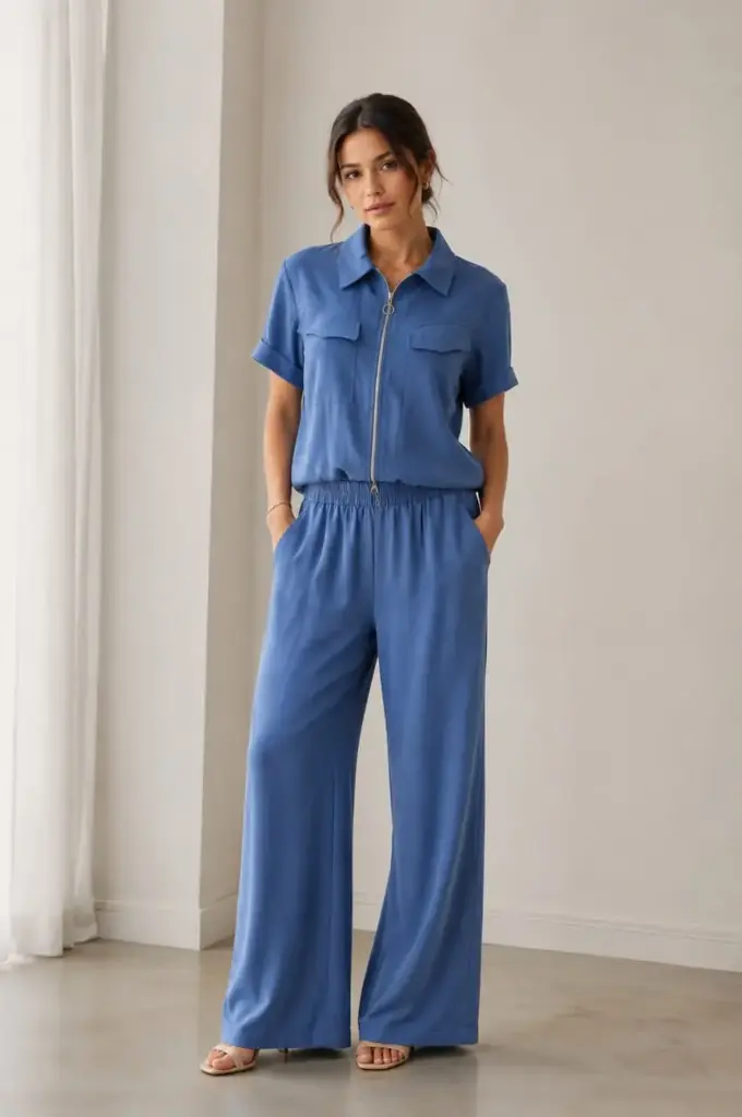 Blue Short Sleeve Zip-Up Cropped Jacket with Pants