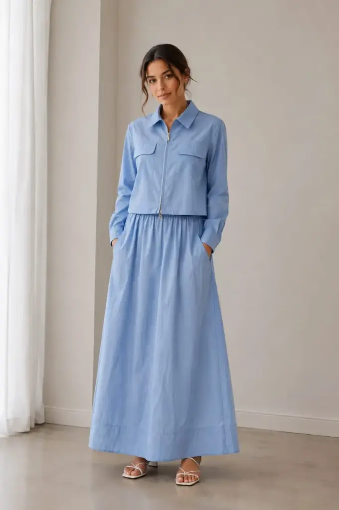 Blue Poplin Skirt With Pockets & Zip-Up Jacket