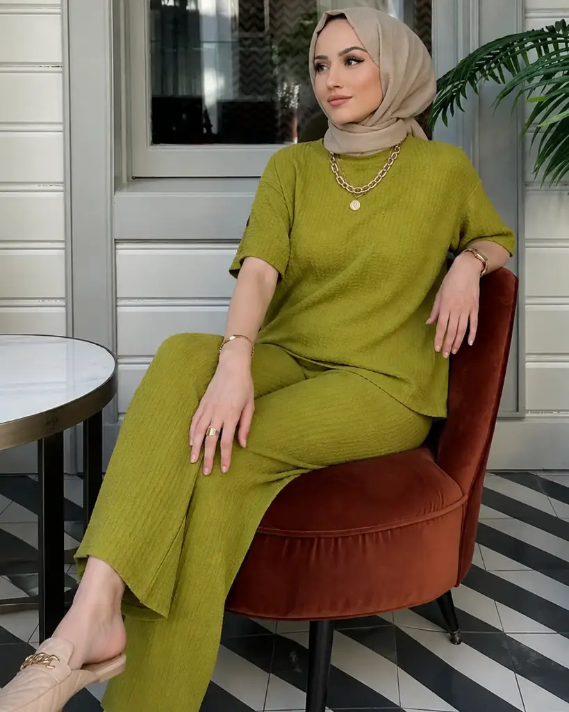 BALI Crinkle Knit Lounge Suit-Chartreuse