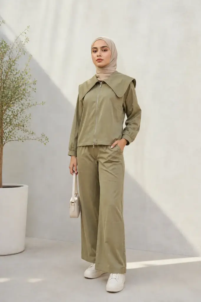 Khaki Efil Satin 2-way Zip Suit 