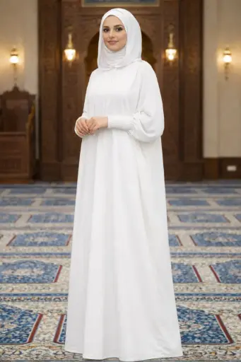 All in One Hooded Abaya with attached Scarf - White