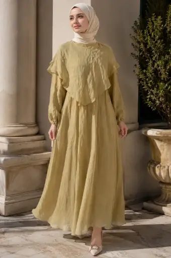 Olive Tencel Ruffle Dress with Gold Pin