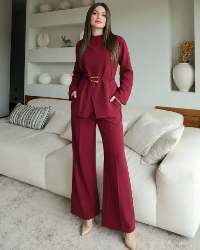 Burgandy Wrap Over Co-ord Suit with Belt