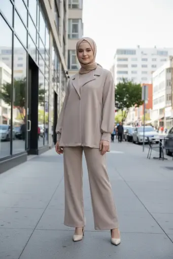 [TKSU006ASH] Beige Modal Knit Jacket & Pants